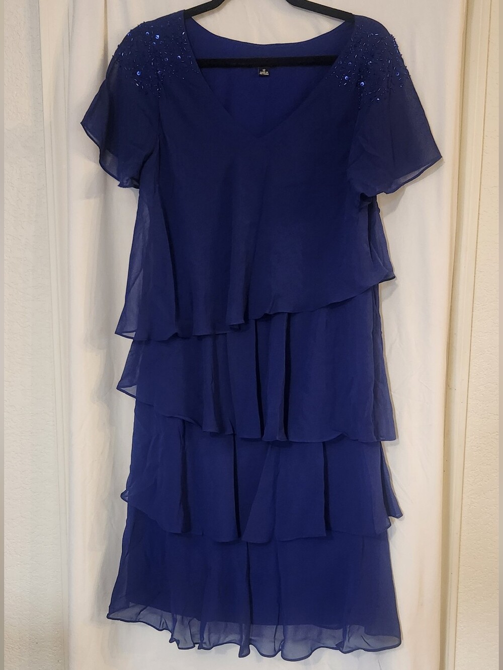 Blue Tiered Ruffle Sequin Chiffon V-neck Dress Elegant Wedding Event Party, 12